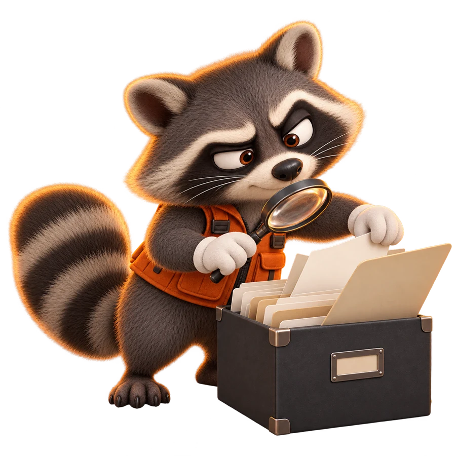 Raccoon examining case files