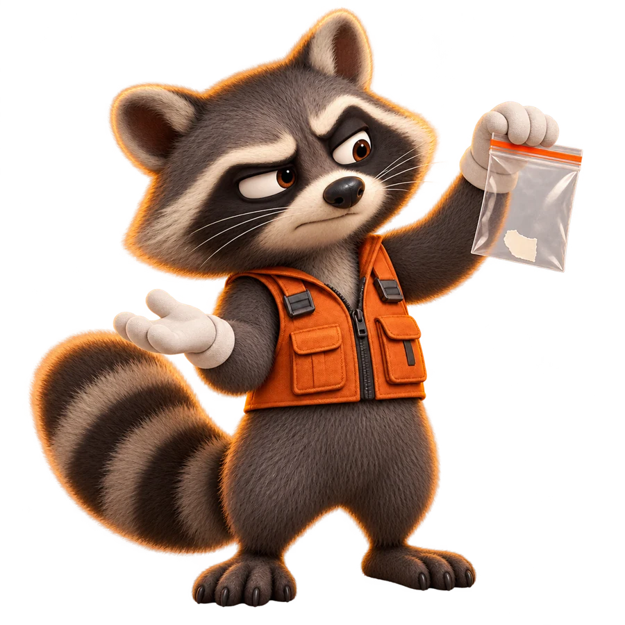 Raccoon presenting a bag of evidence